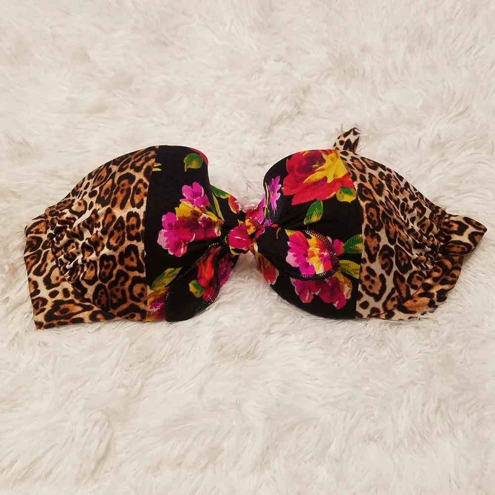 Victoria's Secret Vintage 2013 Floral/Leopard Knot Front Strapless Bikini